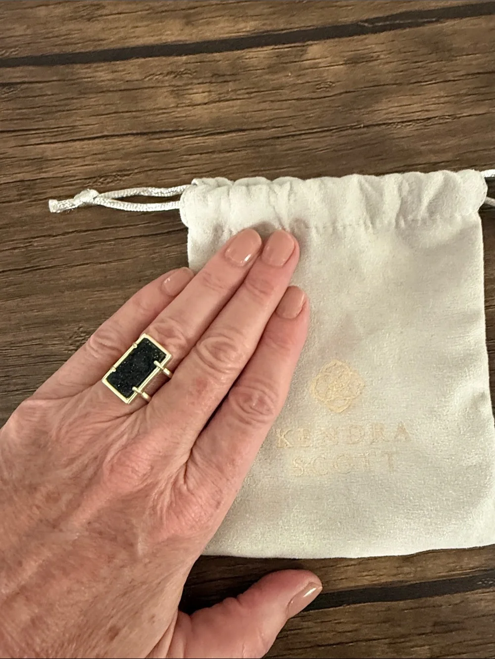 Kendra Scott Gold-Tone Ring with Black Druzy Rectangle. Adjustable.